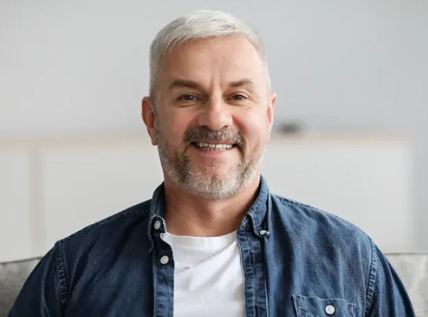 Smiling male dentist in casual denim shirt in Orlando dental office setting.
